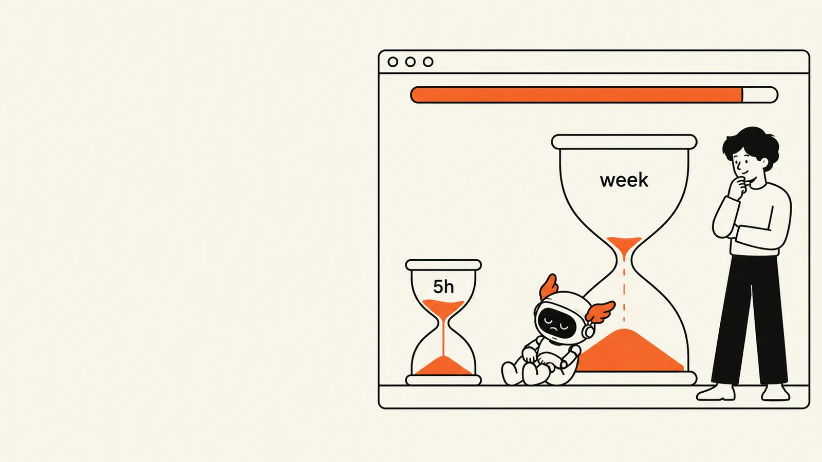 Робот устало сидит у больших песочных часов «week», в которых почти не осталось песка, рядом маленькие часы «5h» и задумчивый человек